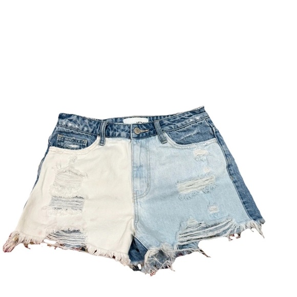 VERVET LA Destroyed Two Tone Denim Shorts Small Raw Hem Grunge Streetwear W 28 - Picture 7 of 9